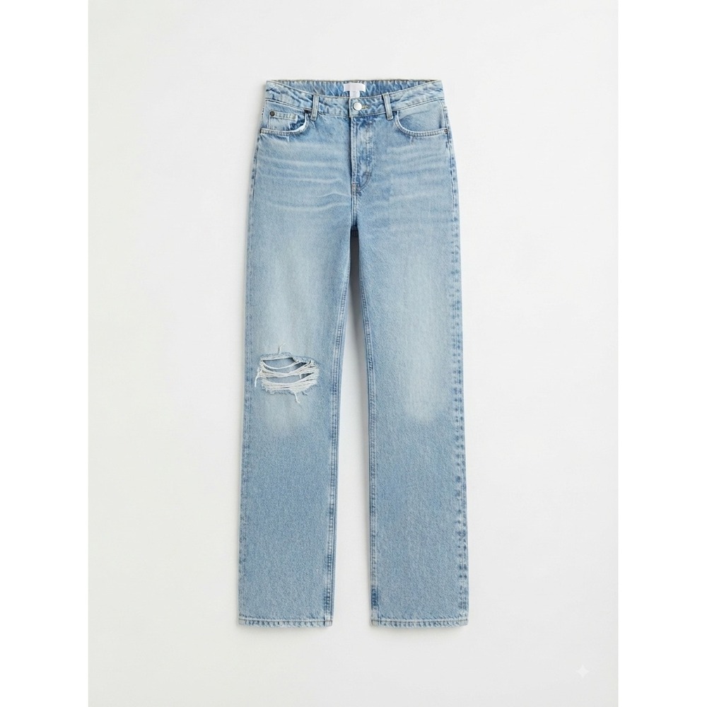HM Womens Light Wash Distressed Straight Leg High Rise Button Fly Jeans Size 12